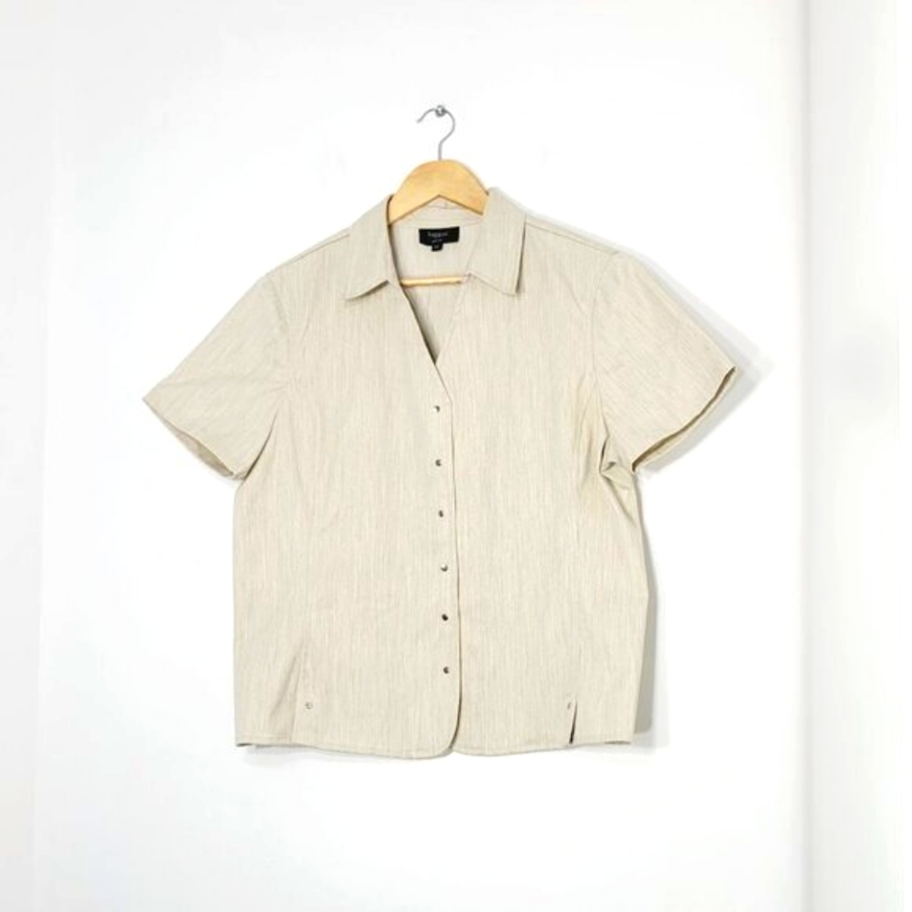 Haggar Cream Short Sleeve Collared Cropped Snap Down Cotton Blend Shirt Size 14P